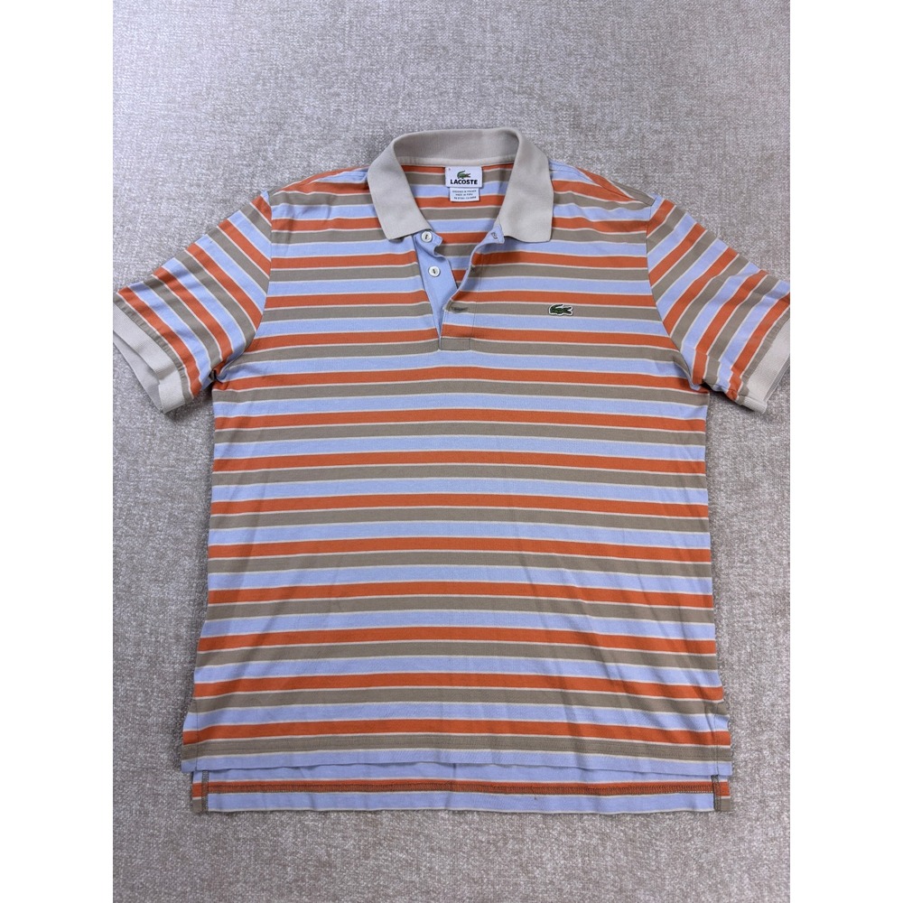 Lacoste Mens Striped Polo Shirt Short Sleeve Orange Blue Tan Cotton 5191L Size 3